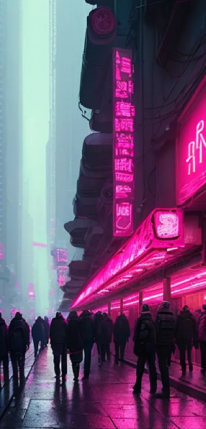 Neon cityscape with glowing pink signs and busy streets at night.