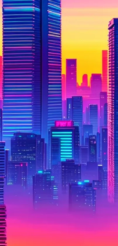 Vibrant neon cityscape with skyscrapers at sunset in vivid colors.