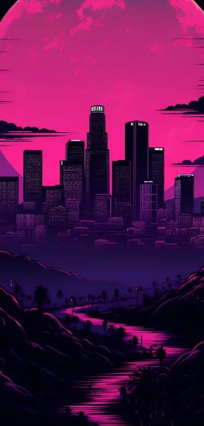 Neon cityscape with a pink moon backdrop.