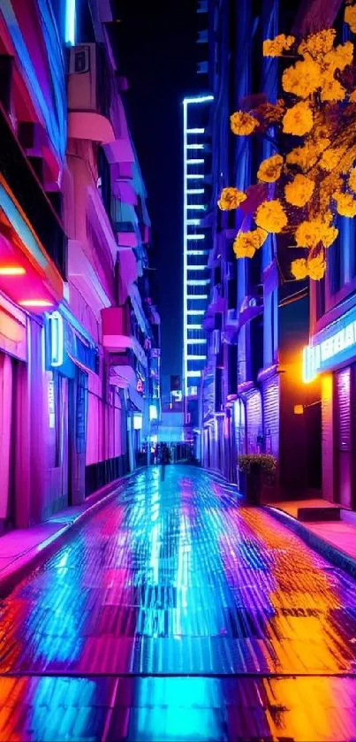 Vibrant neon-lit city alley wallpaper at night.