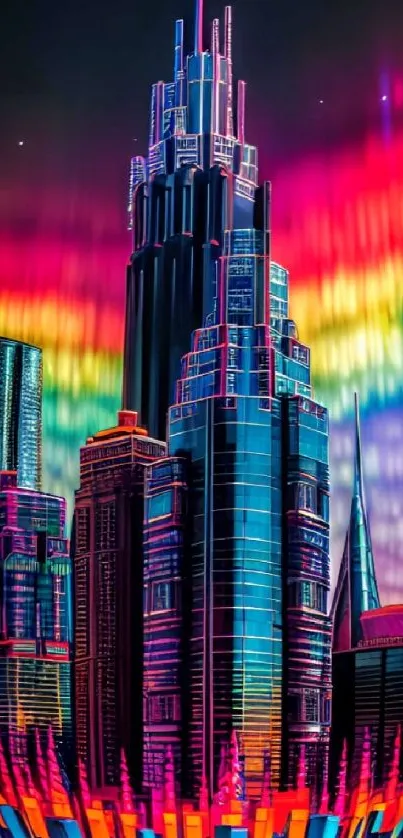 Futuristic neon skyline with vibrant colors at night.