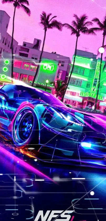 Neon sports car racing through vibrant cityscape.