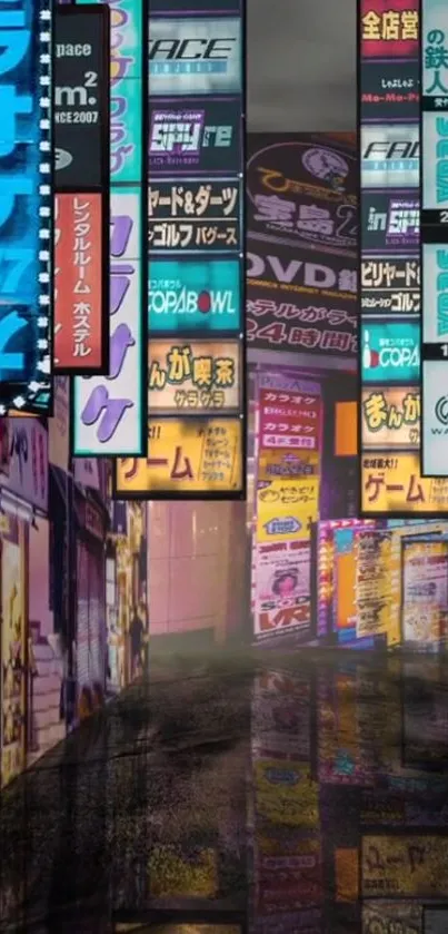 Colorful neon signs on city street at night.