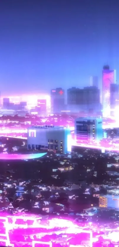 Vibrant neon cityscape with glowing skyscrapers and electric hues.