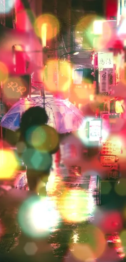 Person with umbrella walking through a neon-lit rainy city street.