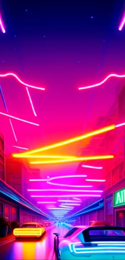 Futuristic cars drive through a vibrant neon-lit cityscape.