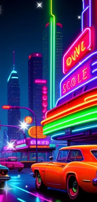 Vibrant neon cityscape with retro cars.