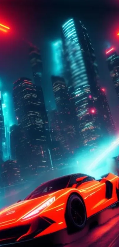 Neon cityscape with vibrant car and glowing skyscrapers at night.