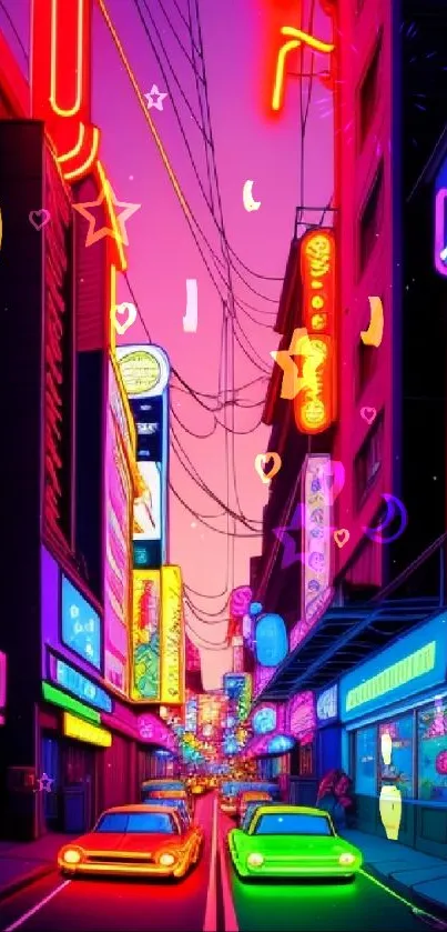 Neon-lit city street with colorful signs and cars.