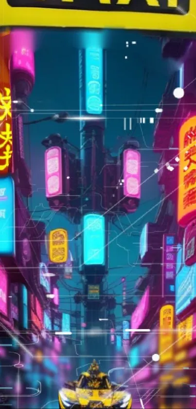 Futuristic neon cityscape with vibrant colors and cyberpunk aesthetics.