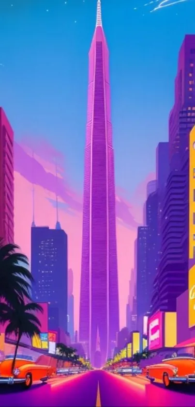 Vibrant cityscape with neon colors and skyscrapers under a twilight sky.