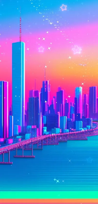 Futuristic neon cityscape with vibrant colors.