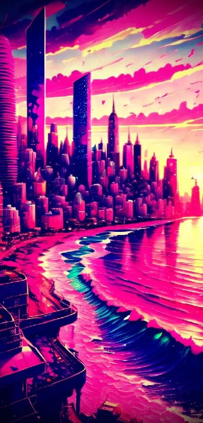 Vibrant neon cityscape with a futuristic skyline and sunset reflection on water.