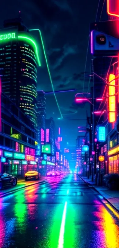 Neon city street with vibrant lights and reflections at night, futuristic urban vibe.