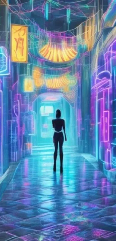 A futuristic neon-lit alley with vibrant colors and silhouette figure.