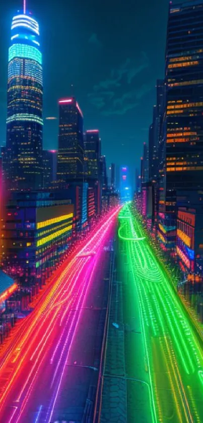 A vibrant neon cityscape with colorful lights and modern skyscrapers.