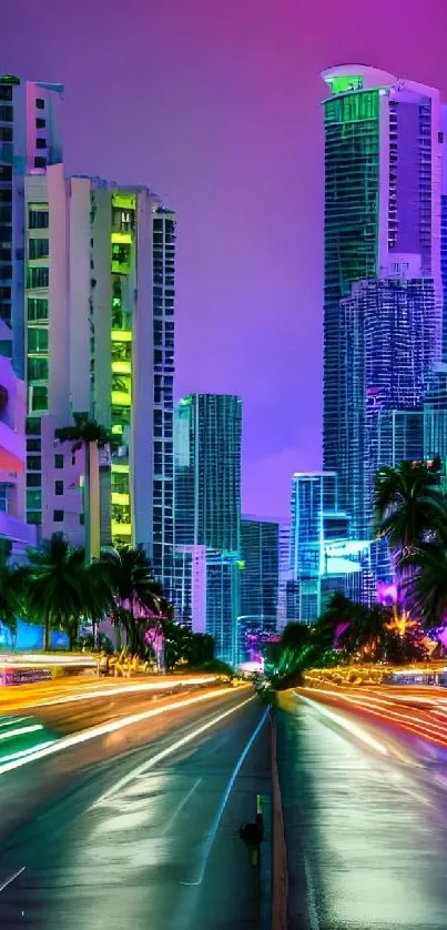 Vibrant neon-lit cityscape at night with dynamic colors.