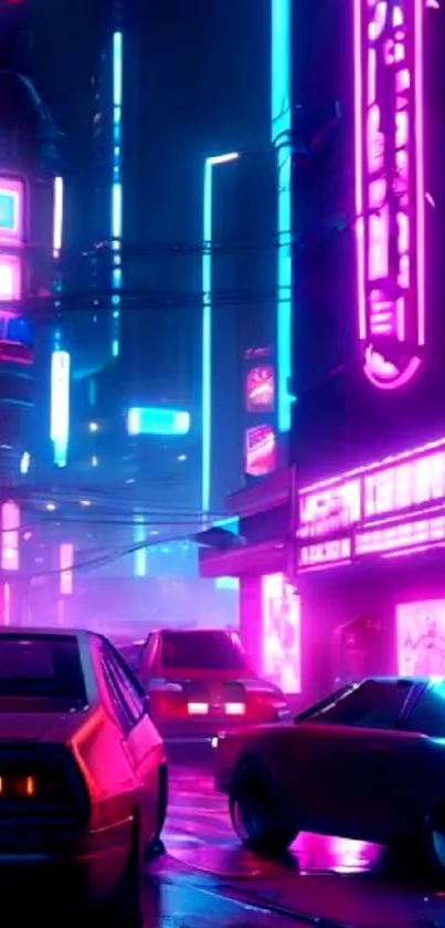 Neon cityscape with glowing signs and cars at night in a cyberpunk style.