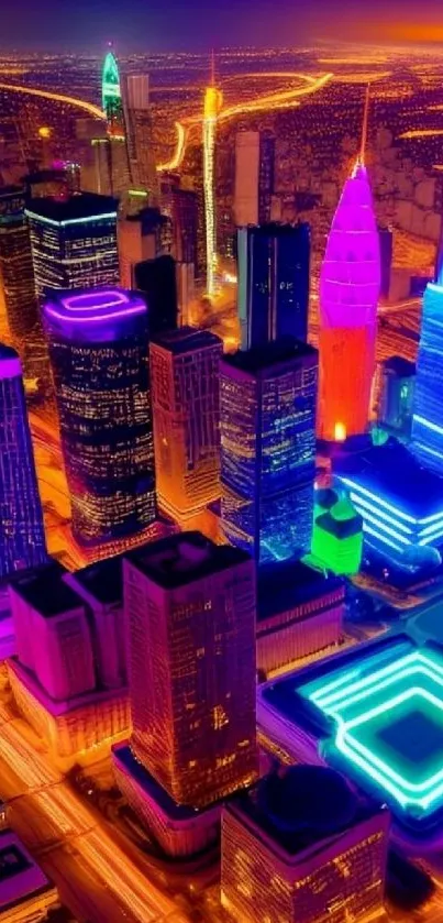 Futuristic city skyline illuminated by neon lights at night.