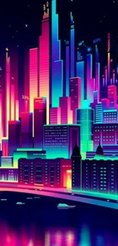 Vibrant neon cityscape with futuristic skyline for mobile wallpaper.