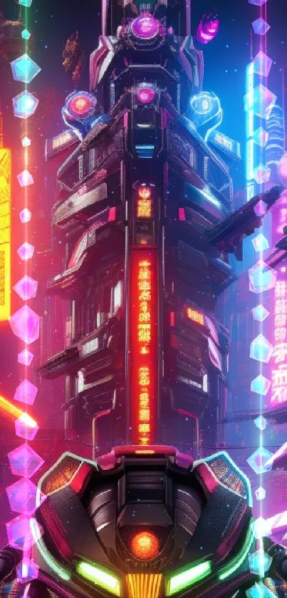 Futuristic neon cityscape with vibrant skyscrapers and glowing lights at night.