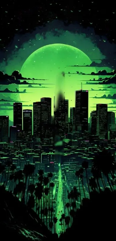 Futuristic neon cityscape with glowing green moon and dark skyline.