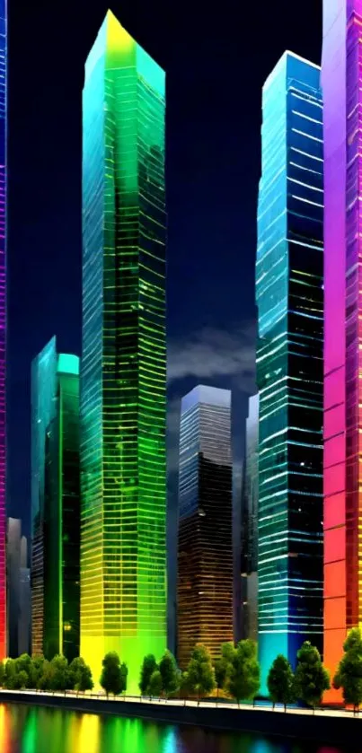 Neon cityscape wallpaper with colorful skyscrapers reflecting vibrant light.