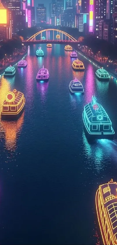 Colorful neon-lit boats in a city river at night.