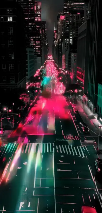 Neon lights illuminating a bustling city street at night.