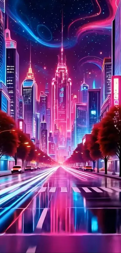 Futuristic neon city street at night with vibrant lights and towering skyscrapers.