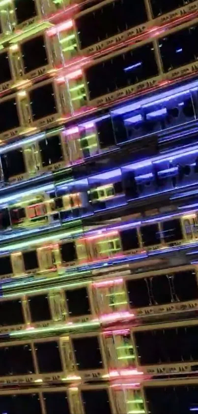 Vibrant neon cityscape with colorful lights and reflections.