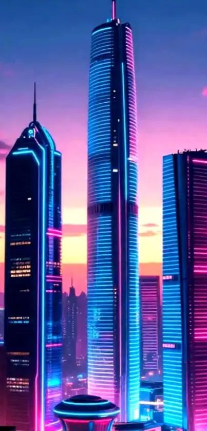 Futuristic neon cityscape with vibrant skyscrapers at sunset.