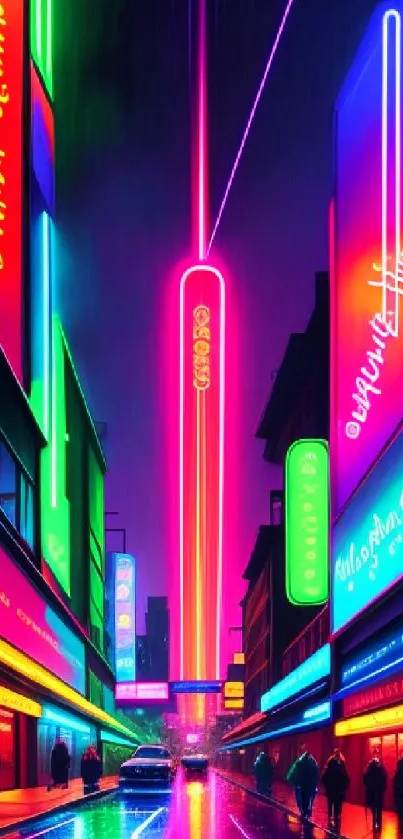 A neon-lit city street with vibrant colors and glowing signs at night.