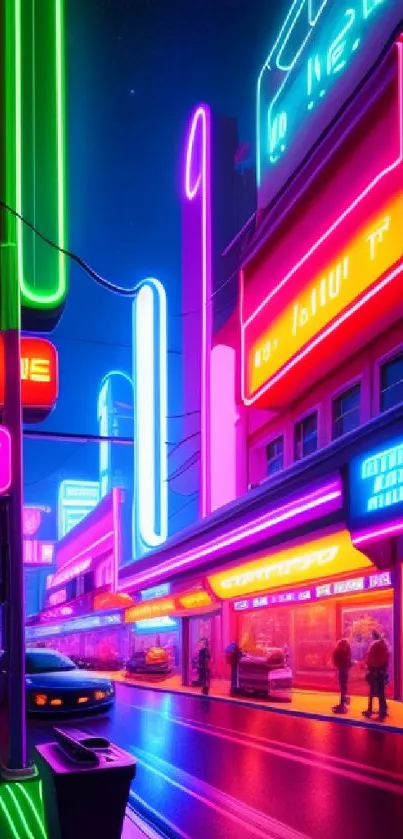 Futuristic neon cityscape with colorful lights in an urban night setting.