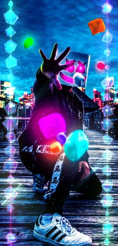 Neon cityscape wallpaper with abstract character and vibrant lights