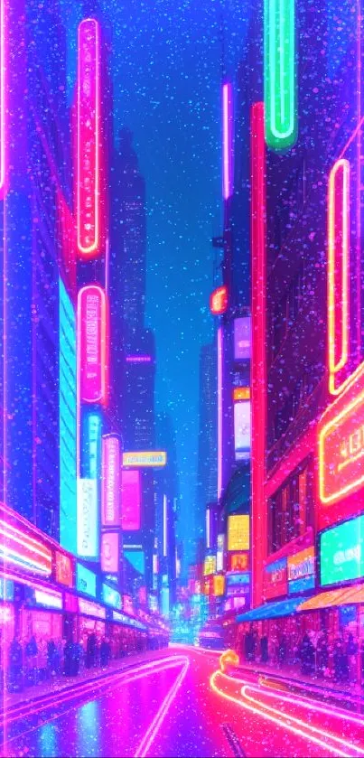 Vibrant neon cityscape with glowing signs on a bustling street at night.