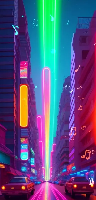 Futuristic cityscape with neon lights and vibrant colors at night.