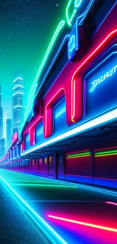 Colorful neon cityscape with glowing futuristic buildings and streets.
