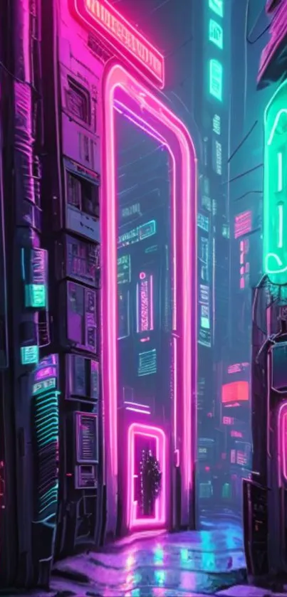 Neon-lit city alley with violet hues and futuristic architecture.