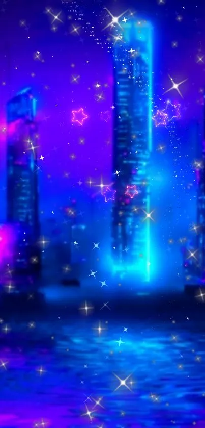 Neon cityscape with stars in blue and purple hues, featuring glowing buildings.