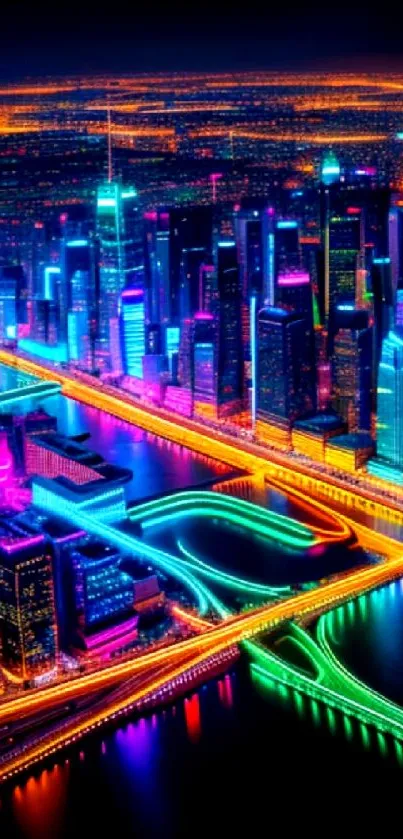 Vibrant neon cityscape with glowing lights and colorful skyline.