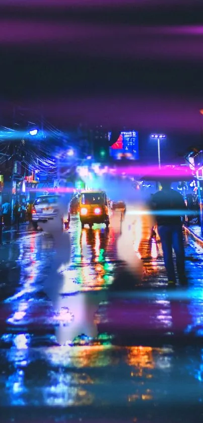 Neon-lit city street at night with reflections glowing in the rain.