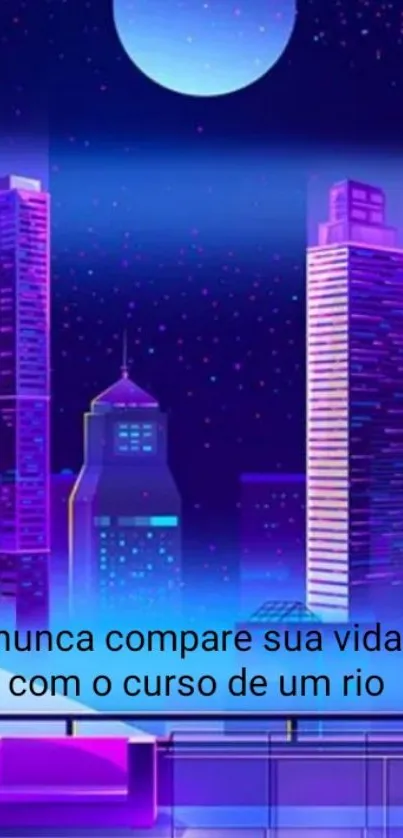 Futuristic neon cityscape with full moon.