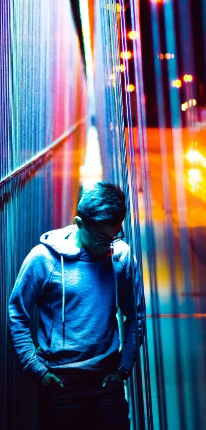 Man in hoodie stands in vibrant neon cityscape at night.