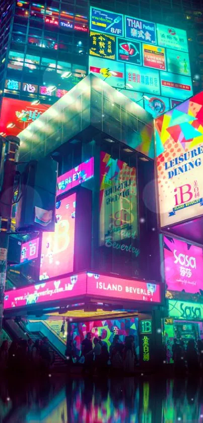 Vibrant neon-lit cityscape with glowing signs and bustling streets.