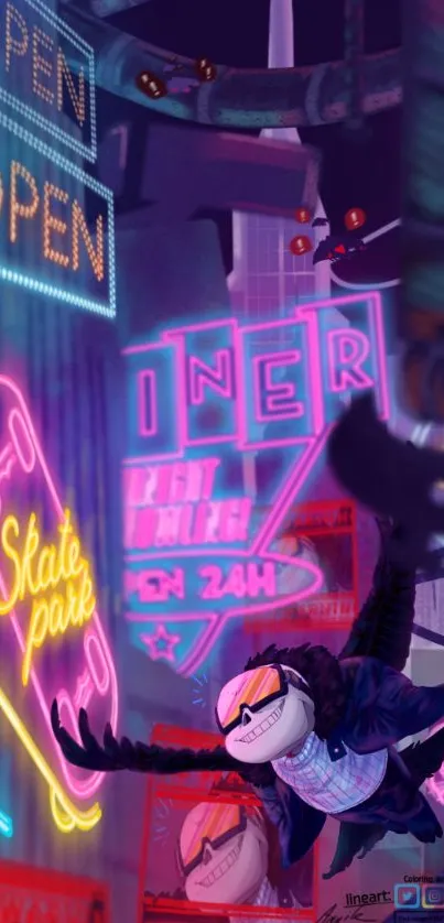 Vibrant neon cityscape with colorful signs and a unique character.