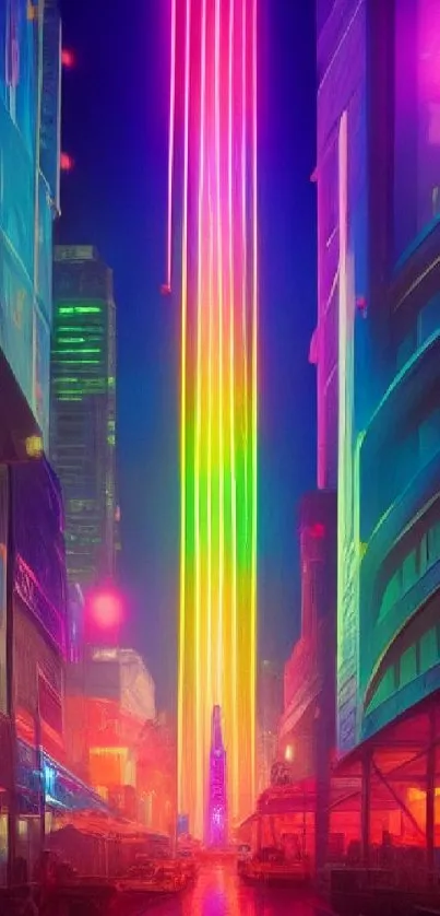 Vibrant cityscape with neon lights and colorful futuristic design.