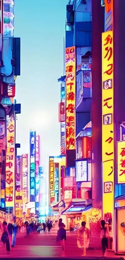 Vibrant neon cityscape at night with colorful illuminated signs.