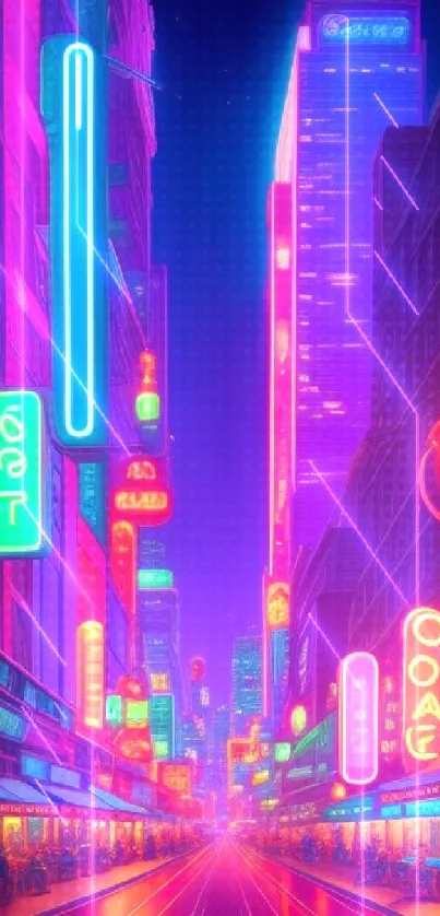 Colorful neon cityscape with vibrant lights and futuristic urban design.