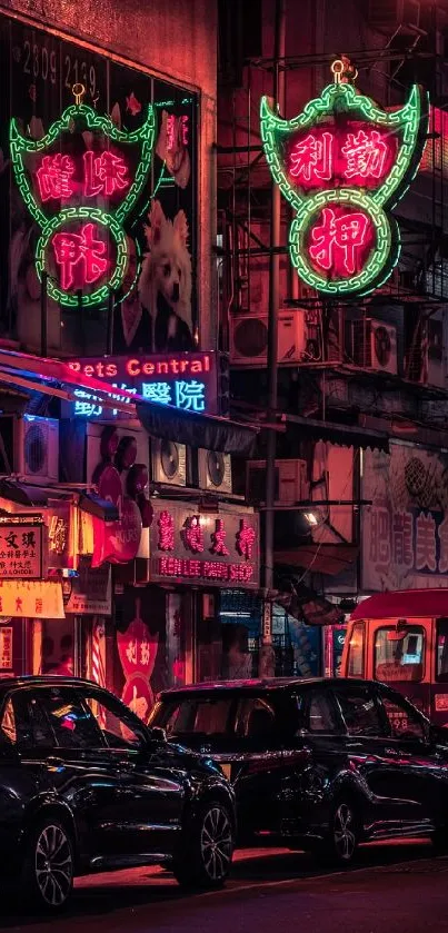 Neon-lit urban street at night with vibrant glowing signs.